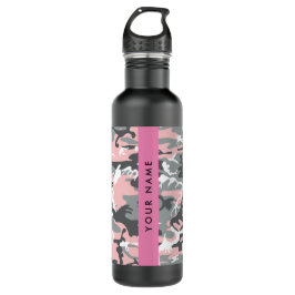 Roze en Grijze Camouflage Jouw naam Personaliseren Waterfles