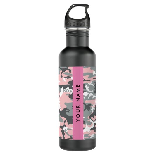 Roze en Grijze Camouflage Jouw naam Personaliseren Waterfles (Voorkant)
