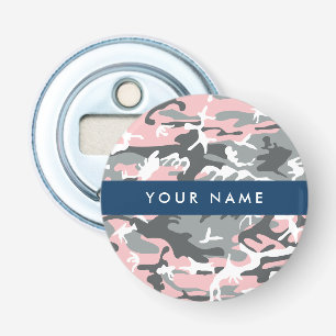 Roze en grijze camouflage personaliseer je naam button flesopener