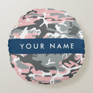 Roze en grijze camouflage personaliseer je naam rond kussen