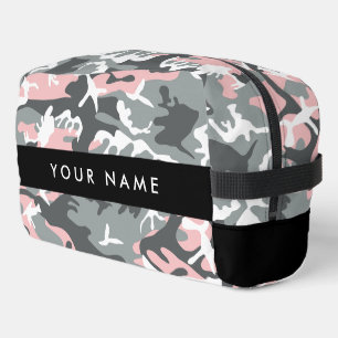 Roze en grijze camouflage personaliseer je naam toilettasje