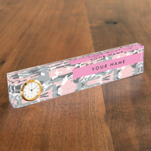 Roze en grijze camouflage Personaliseer met je naa Naambordje