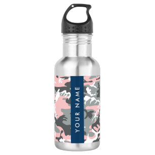 Roze en grijze camouflage personaliseer met je naa waterfles 