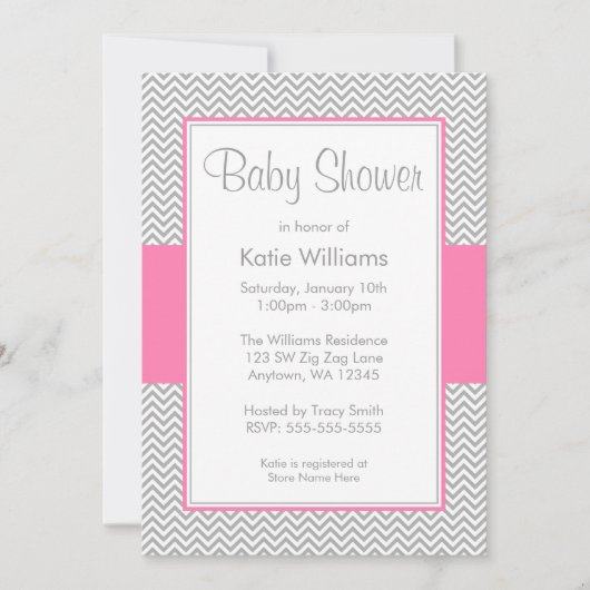 Roze en grijze Chevron Baby Shower Invitaties Kaart (Voorkant)