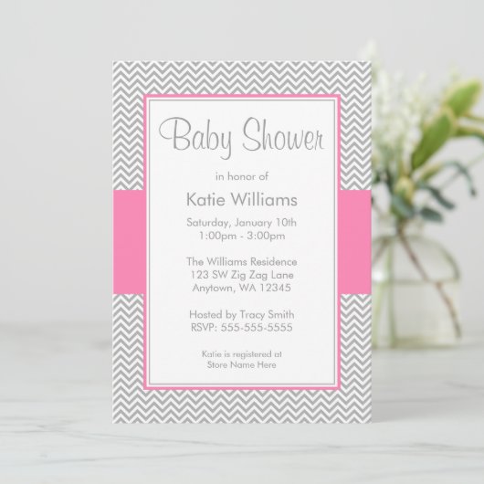 Roze en grijze Chevron Baby Shower Invitaties Kaart (Staand voorkant)