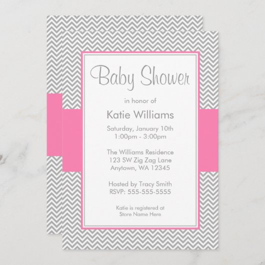 Roze en grijze Chevron Baby Shower Invitaties Kaart (Voorkant / Achterkant)