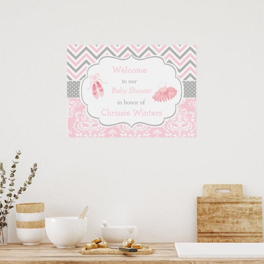 Roze en Grijze Chevron Ballerina Baby shower Poster (Keuken)