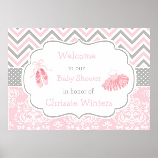 Roze en Grijze Chevron Ballerina Baby shower Poster (Voorkant)