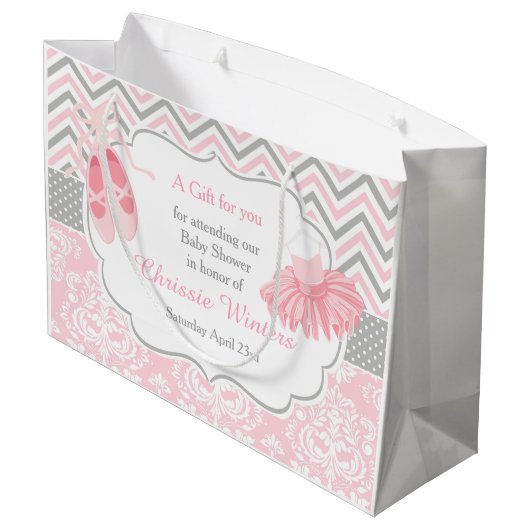 Roze en Grijze Chevron Ballerina Bedankt Groot Cadeauzakje (Achterkant Gekanteld)