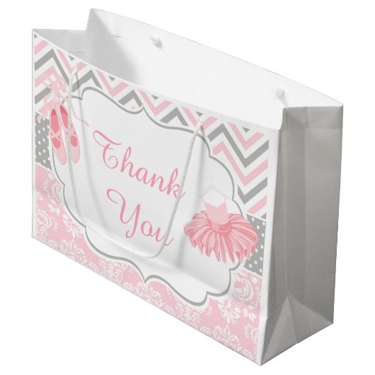 Roze en Grijze Chevron Ballerina Bedankt Groot Cadeauzakje (Voorkant Gekanteld)