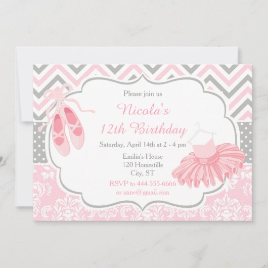 Roze en Grijze Chevron Ballerina Verjaardag Kaart (Voorkant)