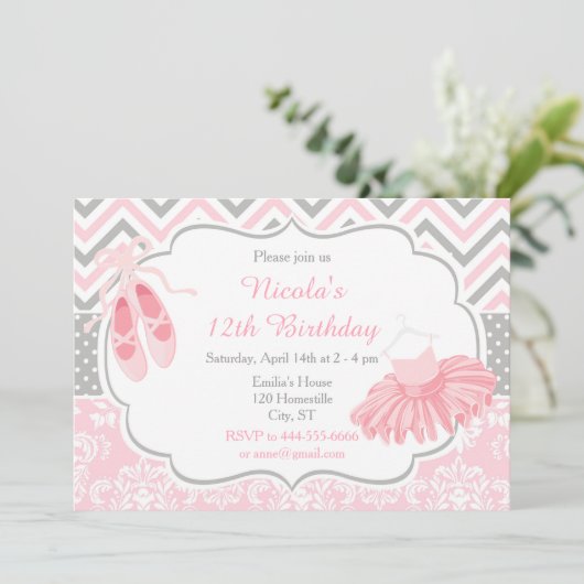 Roze en Grijze Chevron Ballerina Verjaardag Kaart (Staand voorkant)