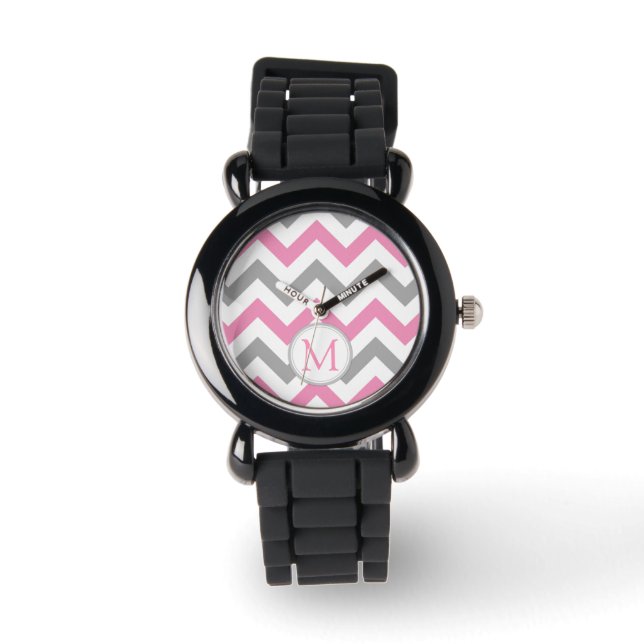 Roze en Grijze Chevron met Monogram Horloge (Voorkant)