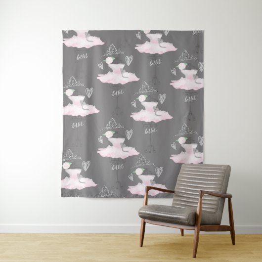 Roze en grijze couture Ballerina Girls Bedroom Wandkleed (In situ)