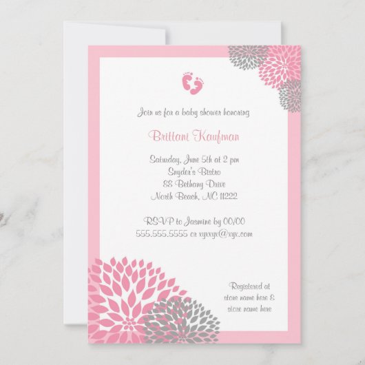 Roze en grijze Dahlia Baby shower Uitnodigen met v Kaart (Voorkant)