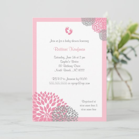 Roze en grijze Dahlia Baby shower Uitnodigen met v Kaart (Staand voorkant)
