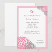 Roze en grijze Dahlia Baby shower Uitnodigen met v Kaart (Voorkant / Achterkant)
