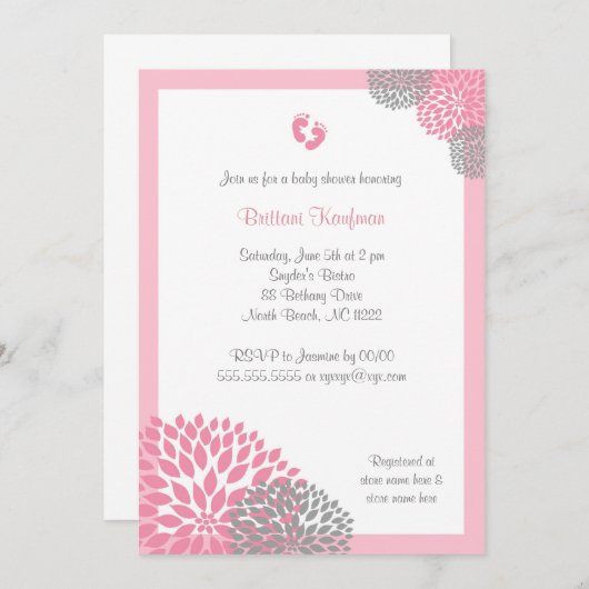 Roze en grijze Dahlia Baby shower Uitnodigen met v Kaart (Voorkant / Achterkant)