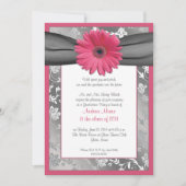 Roze en grijze Damask Afstuderen Invitation Kaart (Voorkant)