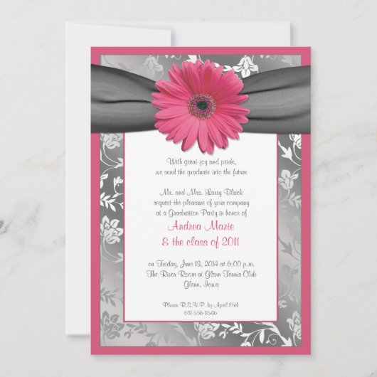 Roze en grijze Damask Afstuderen Invitation Kaart (Voorkant)