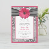 Roze en grijze Damask Afstuderen Invitation Kaart (Staand voorkant)