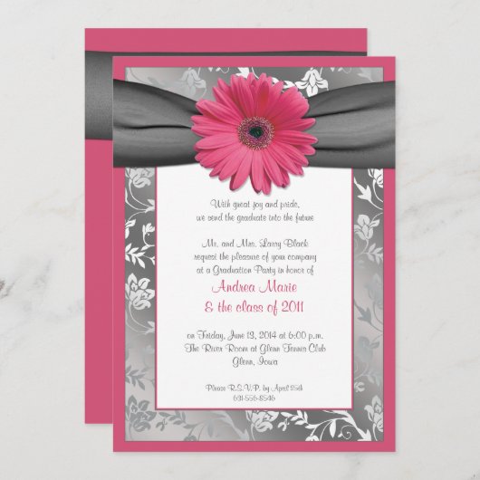 Roze en grijze Damask Afstuderen Invitation Kaart (Voorkant / Achterkant)
