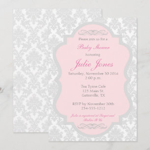 Roze en grijze Damask Baby shower Invitation Kaart