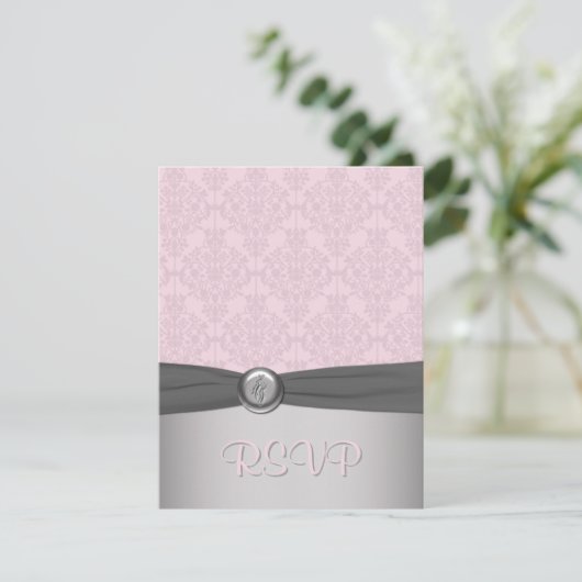 Roze en grijze Damask Ballerina RSVP-kaart RSVP Kaartje (Staand voorkant)