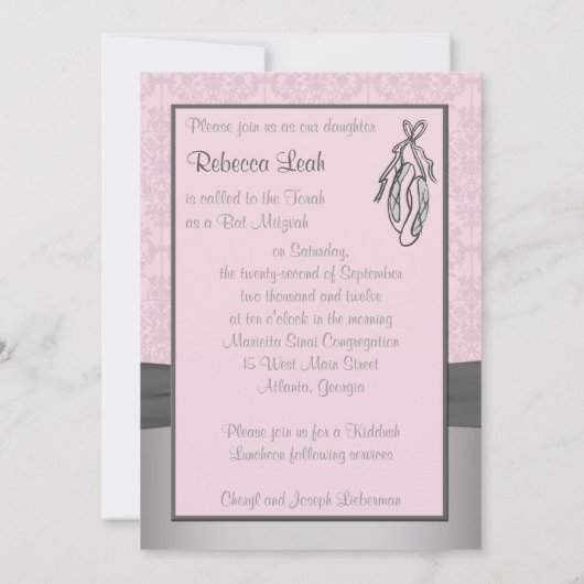Roze en grijze Damask Ballet Bat Mitzvah Uitnodigi Kaart (Achterkant)