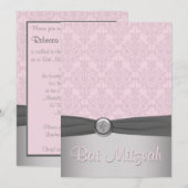 Roze en grijze Damask Ballet Bat Mitzvah Uitnodigi Kaart (Voorkant / Achterkant)