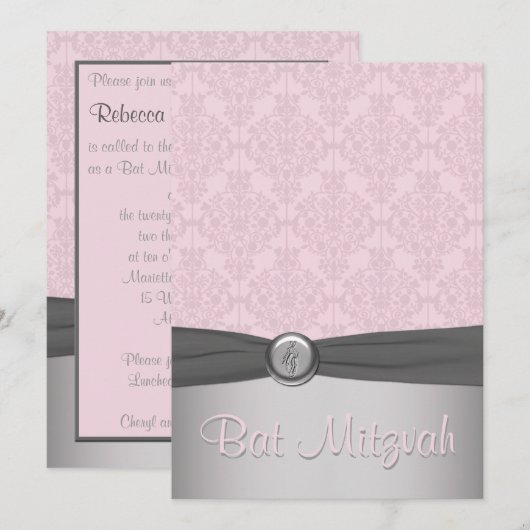 Roze en grijze Damask Ballet Bat Mitzvah Uitnodigi Kaart (Voorkant / Achterkant)