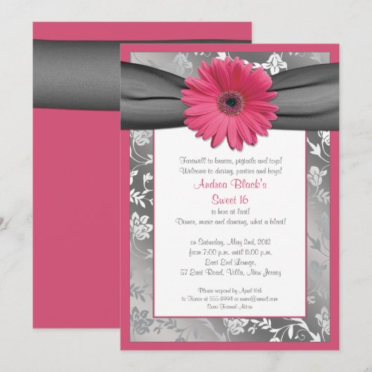 Roze en grijze Damask Sweet 16 Birthday Invitation Kaart (Voorkant / Achterkant)