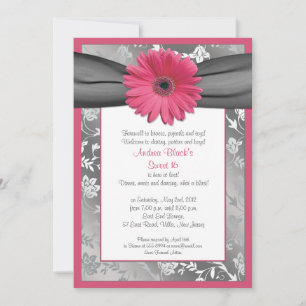 Roze en grijze Damask Sweet 16 Birthday Invitation Kaart