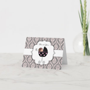 Roze en grijze damast baby bedankkaartjes bedankkaart