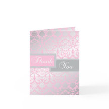 Roze en grijze damast bedankkaart