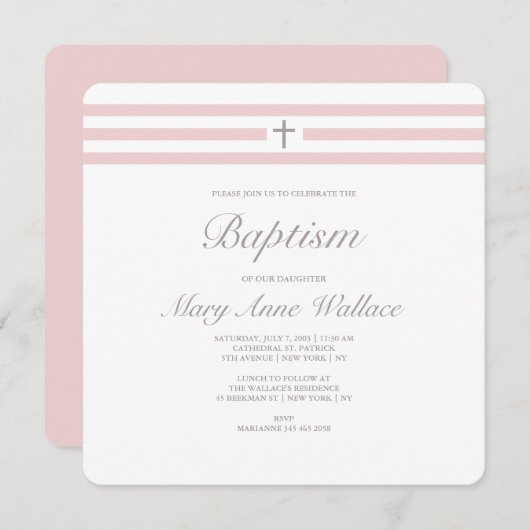 Roze en grijze doop uitnodiging (Voorkant / Achterkant)
