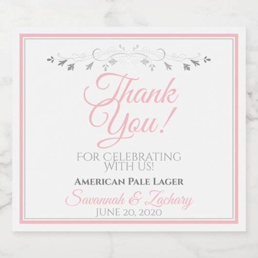 Roze en grijze Eenvoudige legante bruiloft Dank je Bier Etiket (Enkel label)