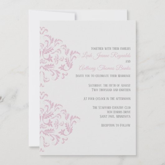 Roze en grijze Elegant Damask Uitnodiging (Voorkant)