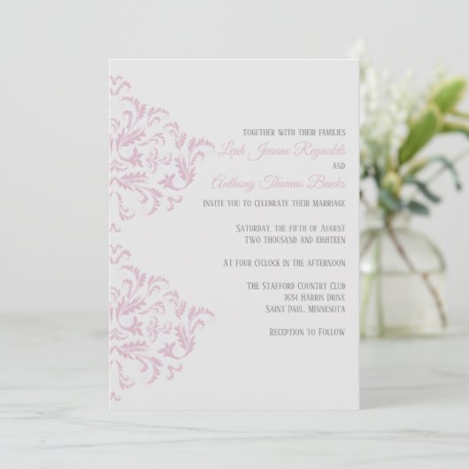 Roze en grijze Elegant Damask Uitnodiging (Staand voorkant)