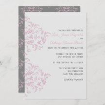 Roze en grijze Elegant Damask Uitnodiging