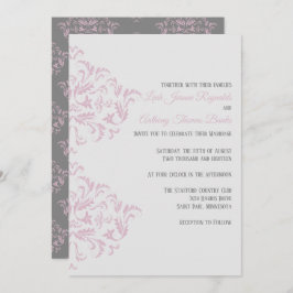 Roze en grijze Elegant Damask Uitnodiging
