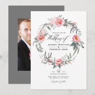 Roze en grijze Floral Bohemian Wedding Kaart