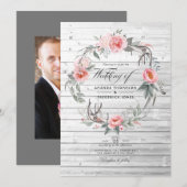 Roze en grijze Floral Bohemian Wedding Kaart (Voorkant / Achterkant)