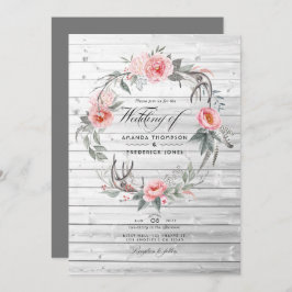 Roze en grijze Floral Bohemian Wedding Kaart