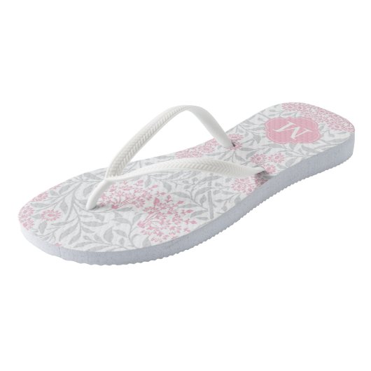 Roze en grijze Floral Damask Monogrammed Teenslippers (Schuin)