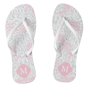 Roze en grijze Floral Damask Monogrammed Teenslippers