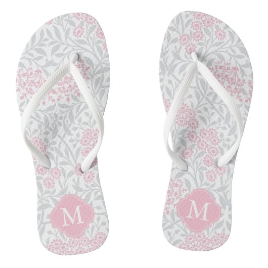 Roze en grijze Floral Damask Monogrammed Teenslippers (Voetbed)