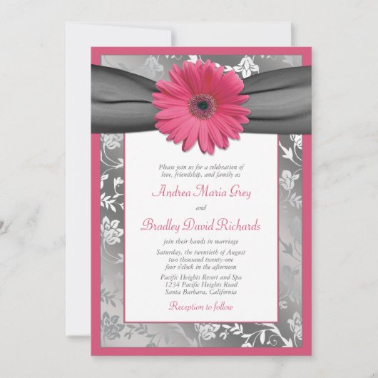 Roze en grijze Floral Damask Wedding Invitation Kaart (Voorkant)