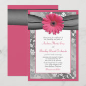 Roze en grijze Floral Damask Wedding Invitation Kaart (Voorkant / Achterkant)