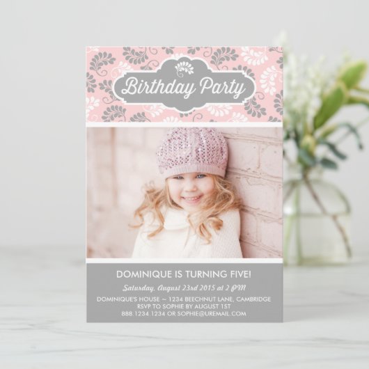 Roze en grijze Floral Foto's Vervroegde dag Kaart (Staand voorkant)